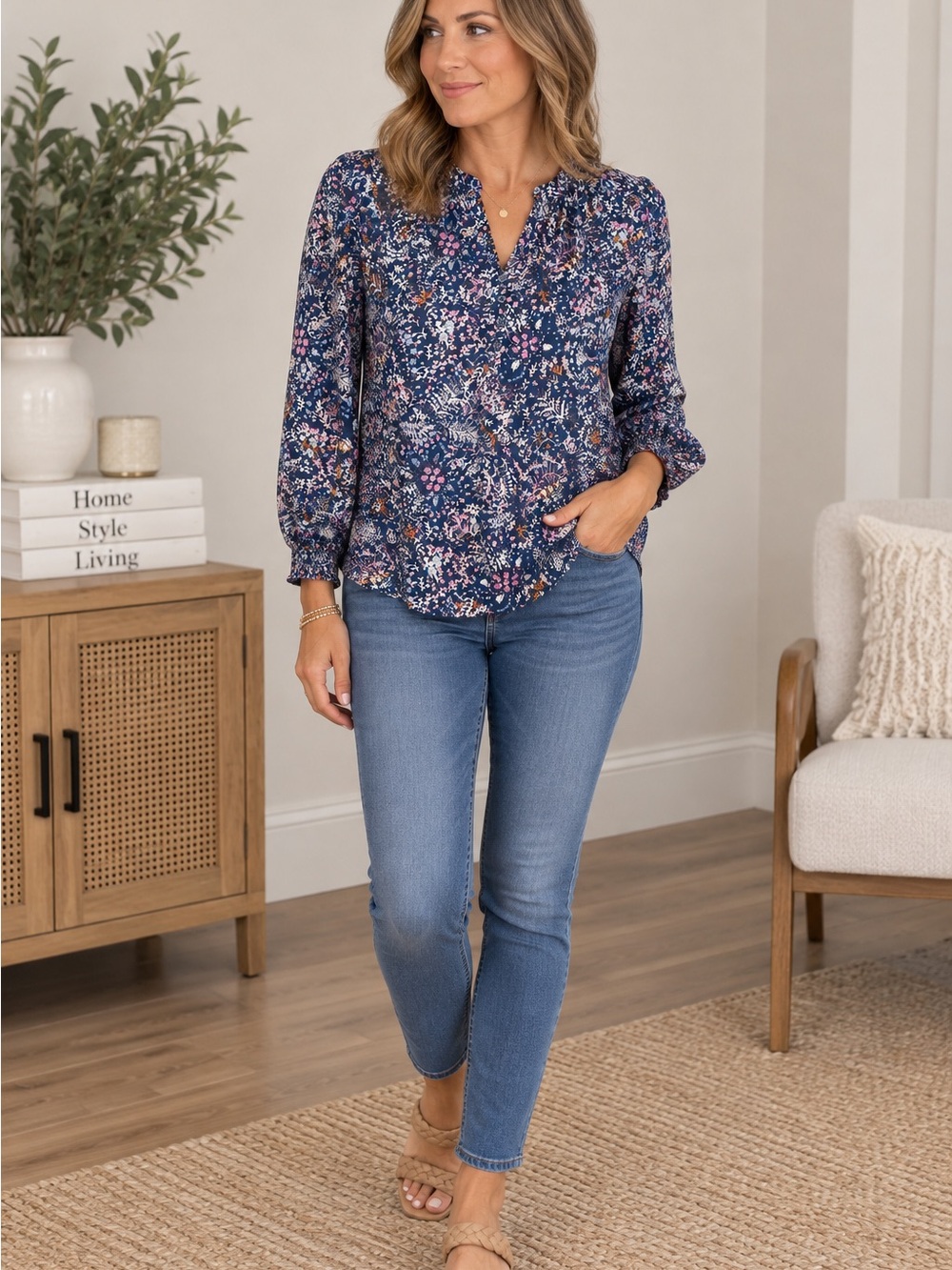 Sonoma Navy Blue Floral V-Neck Peasant Top
